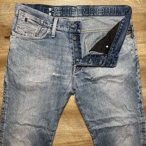 G Star RAW Jeans Men 34x27 Blue 3301 Straight Leg Light Wash‎ Distressed Hemmed